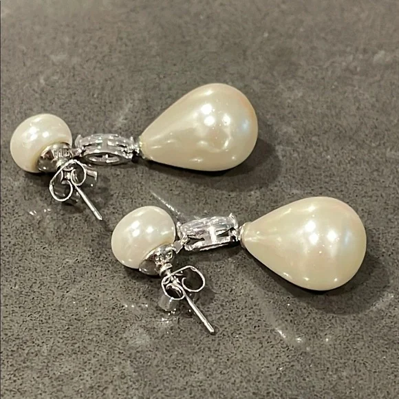 Faux Pearl and Cubic Zirconia Silver Tone Drop Earrings - Picture 6 of 10